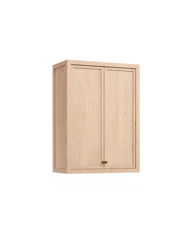 Coquo wall cabinet in natural oak, with shaker wood doors and bronze metal.  