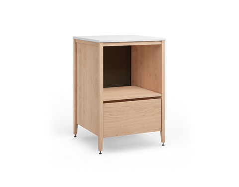 Coquo modular kitchen microwave cabinet with bottom drawer in natural oak. 