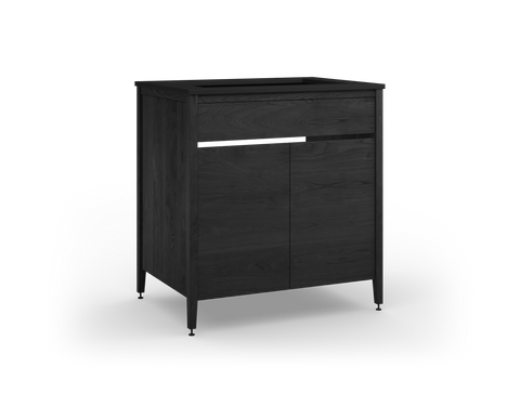 Coquo modular sink cabinet with two doors + half shelf + full shelf in black stained oak.