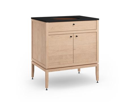 Coquo modular bathroom vanity with fix front and two doors in natural oak.