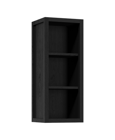 Coquo modular open upper cabinet in black stained oak with two wood shelves.