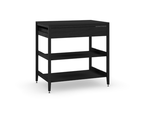 Coquo modular kitchen cabinet in black stained oak with one drawer and two metal shelves. 
