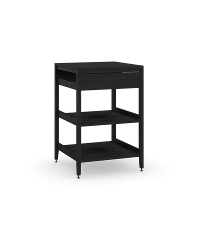 Coquo modular kitchen corner cabinet in black stained oak, fix front + two wood shelves. 