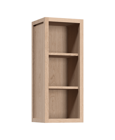 Coquo modular open upper cabinet in natural oak with two wood shelves.