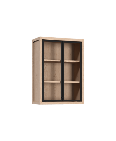 Coquo modular upper kitchen cabinet in natural oak with glass doors.