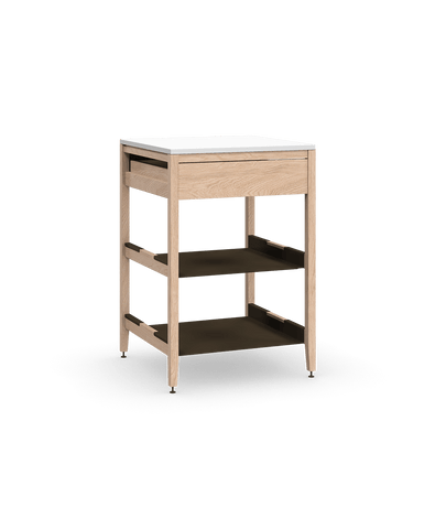 Coquo modular kitchen cabinet in natural oak with one drawer and two metal shelves.