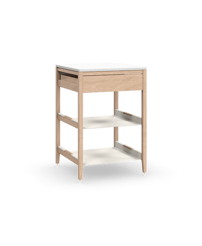 Coquo modular kitchen cabinet in natural oak with one drawer and two metal shelves.