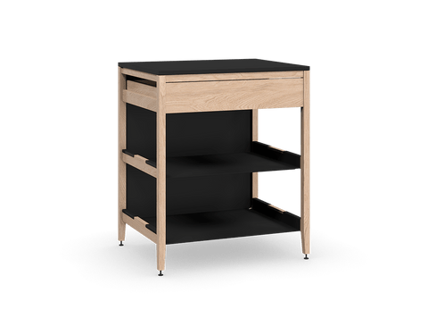 Coquo modular kitchen cabinet in natural oak with one drawer and two metal shelves with a tall metal back.