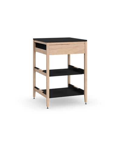 Coquo modular kitchen corner cabinet in natural oak, fix front + two metal shelves. 