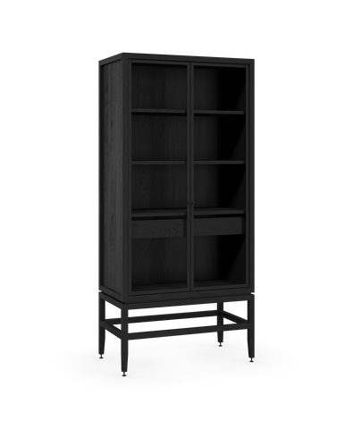 Coquo freestanding modular display hutch in black stained oak with glass doors. Perfect for the kitchen, dining, bedroom or living room. 