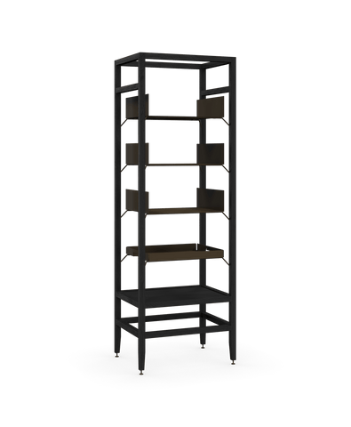 Coquo modular tall shelving unit in black stained oak and metal shelves. Perfect for the kitchen, dining or living room. 