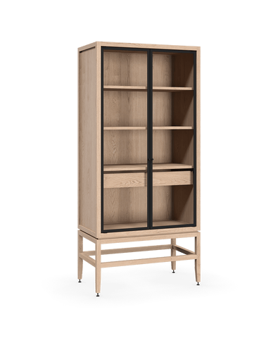 Coquo freestanding modular display hutch in natural oak with glass doors. Perfect for the kitchen, dining, bedroom or living room. 