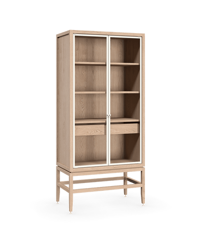 Coquo freestanding modular display hutch in natural oak with glass doors. Perfect for the kitchen, dining, bedroom or living room. 