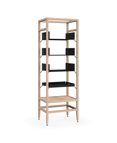 Coquo modular tall shelving unit in natural oak and metal shelves. Perfect for the kitchen, dining or living room. 