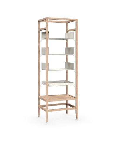 Coquo modular tall shelving unit in natural oak and metal shelves. Perfect for the kitchen, dining or living room. 
