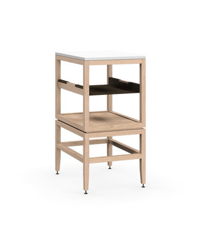 Coquo modular open kitchen cabinet in natural oak with metal shelf. 