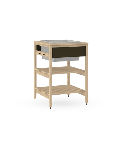Coquo modular indoor outdoor planter in natural oak with two shelves. 