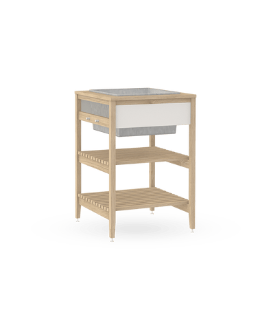Coquo modular indoor outdoor planter in natural oak with two shelves. 